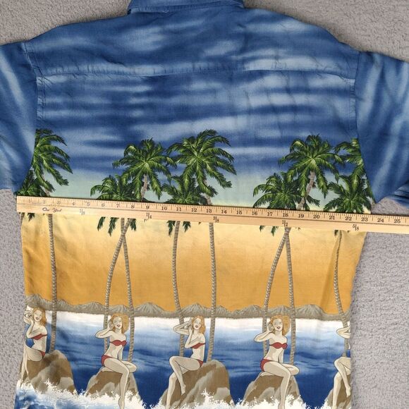 Vintage Pierre Cardin Hawaiian Shirt Mens Large Blue Palm Trees Woman Luau Rayon - Picture 12 of 15